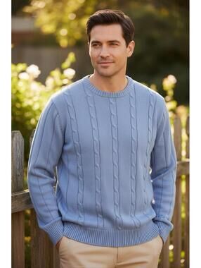 Oscar de la Renta Sweater Men's Blue Cable Knit Cotton Crewneck Pullover Size L